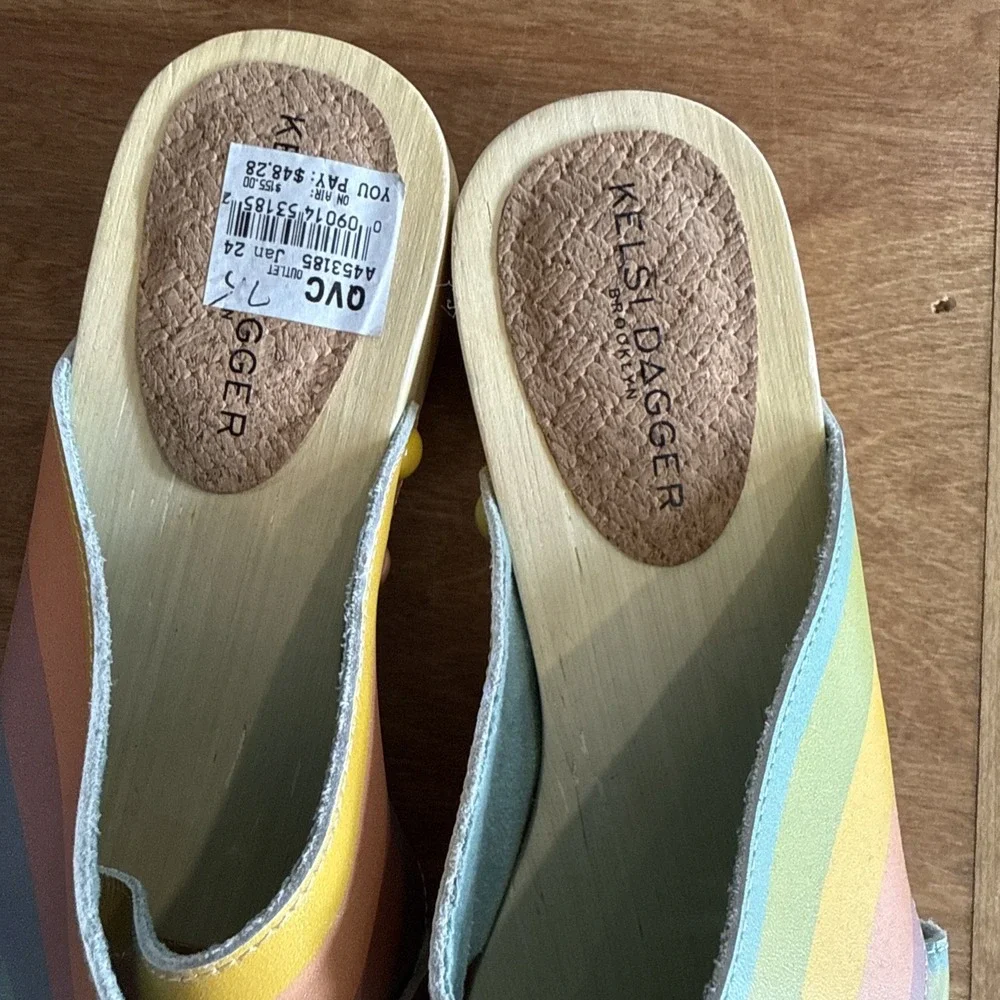 Kelsi Dagger Brooklyn Heeled Gear Sandal Clog Shoe Rainbow Leather Size 7.5